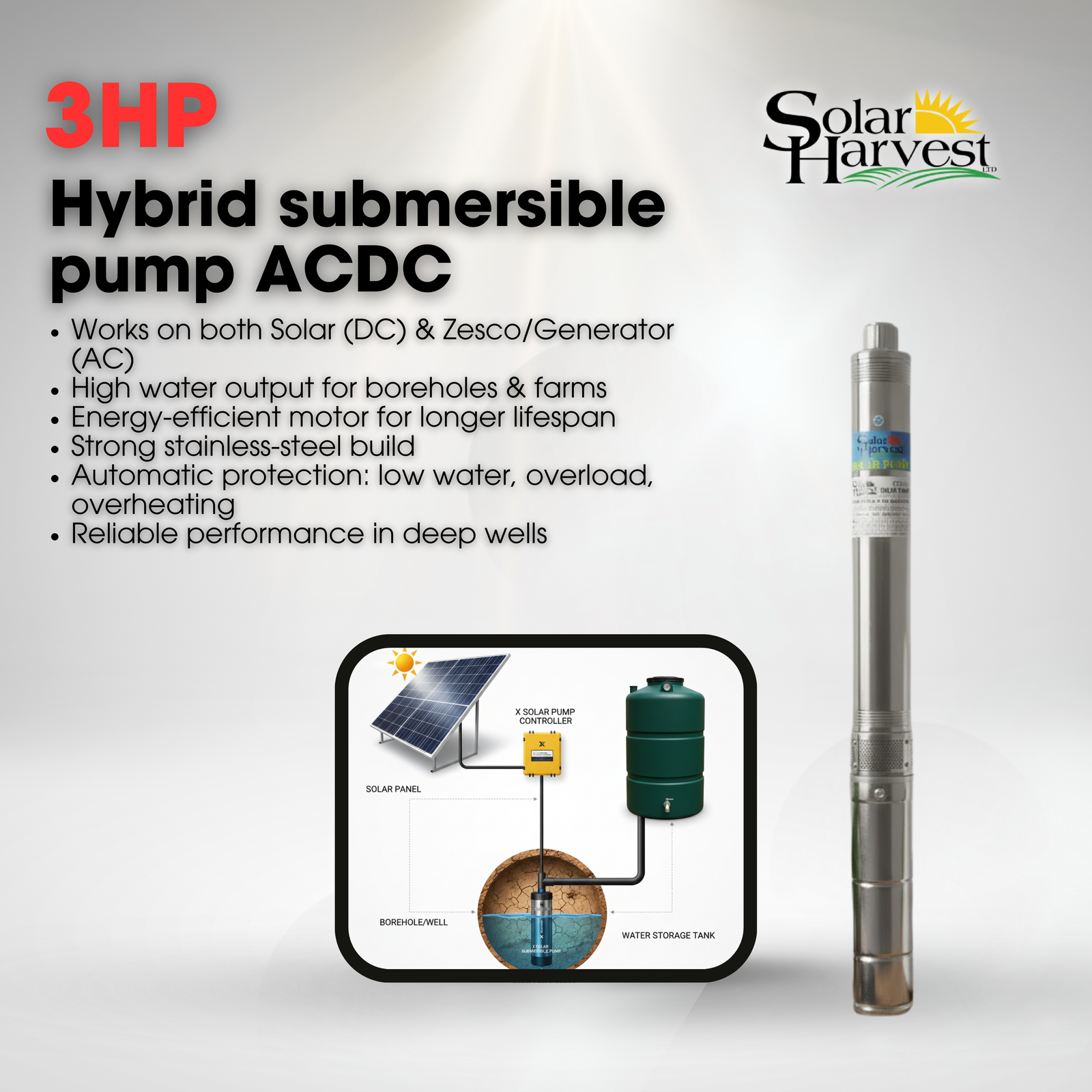 3hp Hybrid submersible pump ACDC